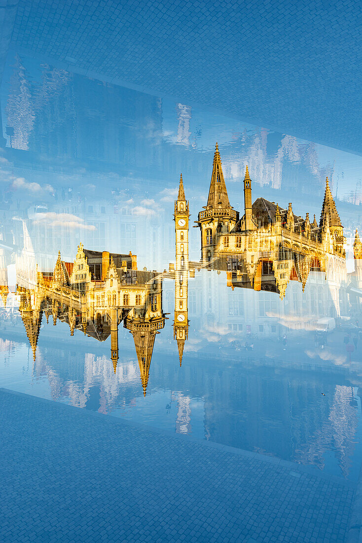 Double exposure of the historic buildings lining the iconic Graslei in Ghent, such as the old Post office, guild houses and trade spaces. A favourite tourist destination on a sunny day in Ghent, Belgium.