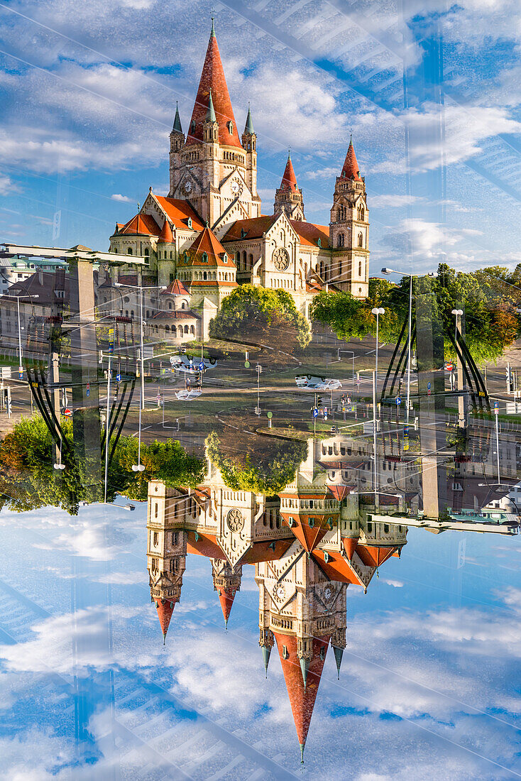 Double exposure of the Catholic church of Saint Franciscus of Assisi on the banks of the river Donau in Viennna, Austria.