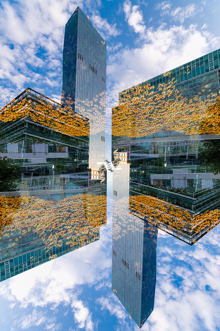 Modern housing estates on the left bank of the river Donau in Vienna, Austria, as seen from the Donau-City-Strasse.