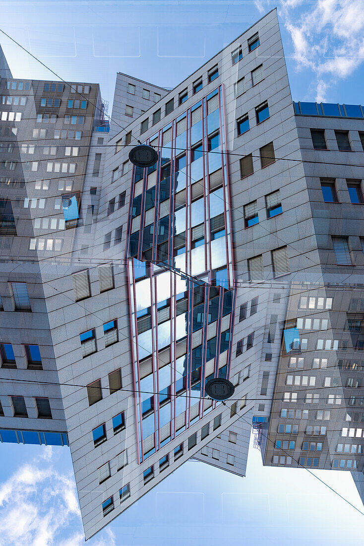 Double exposure of modern architecture in vienna, Austria, as seen from the Obere Weissgerberstrasse.