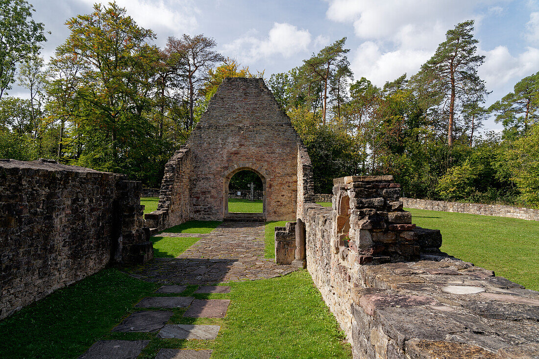 Die Kirchenruine St. Michael auf dem Michelsberg bei Münnerstadt im Biosphärenreservat Rhön, Unterfranken, Bayern, Deutschland