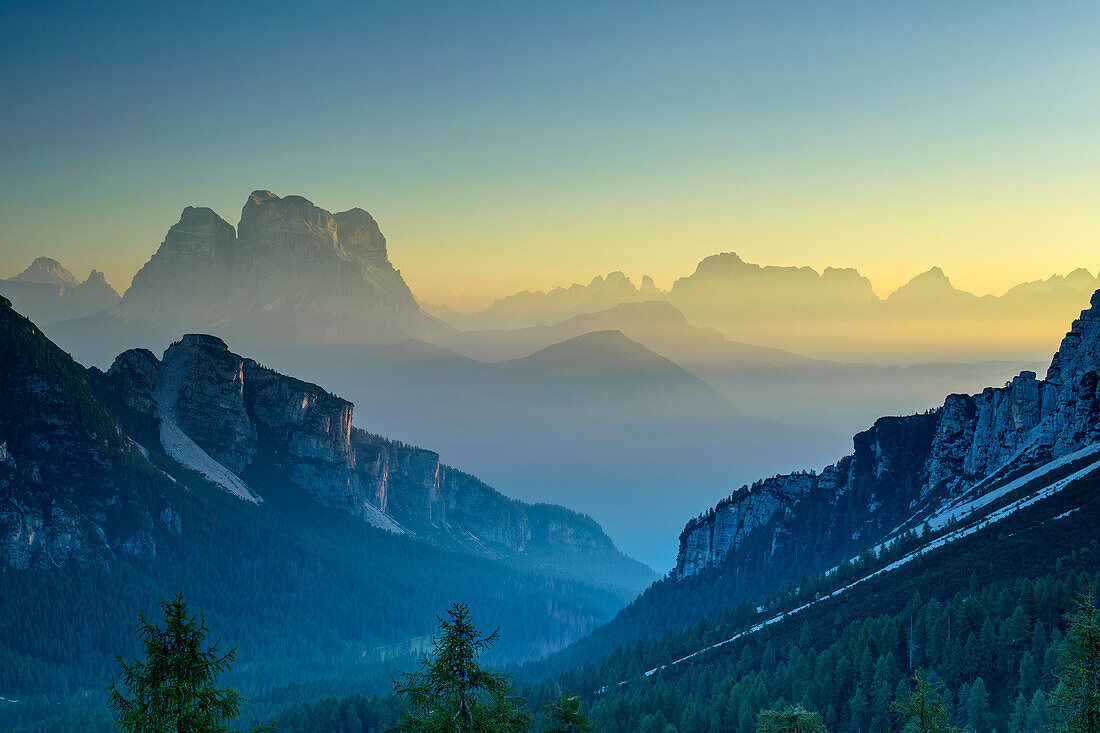 Silhouette of Monte Pelmo in the morning haze, Belluneser Höhenweg, Dolomites, Veneto, Venetia, Italy