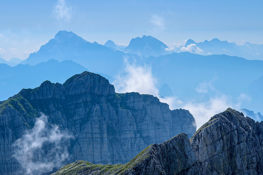 Silhouettes of Col Nudo and Monte Teverone, Belluneser Höhenweg, Dolomites, Veneto, Veneto, Italy