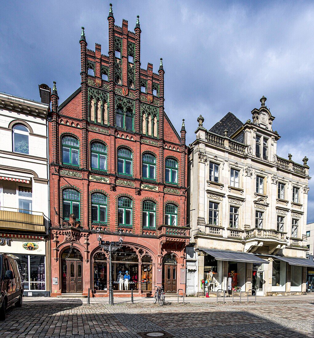 Historical Löwenapotheke on the market square of Minden, North Rhine-Westphalia, Germany