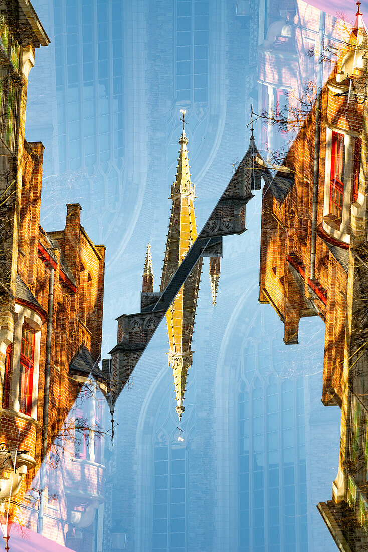 Colorful double exposure of the St Salvator Cathedral in Bruges, Belgium.