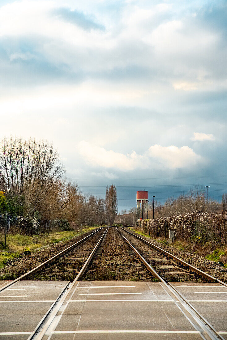 A railroad dissappearing into the distance in Ghent, Belgium.