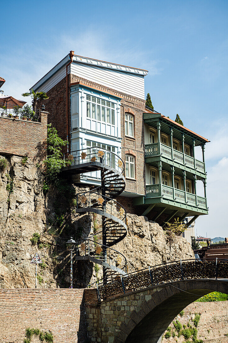 Famous view of architecture of Leghvtakhevi area in Old Tbilisi, Georgia