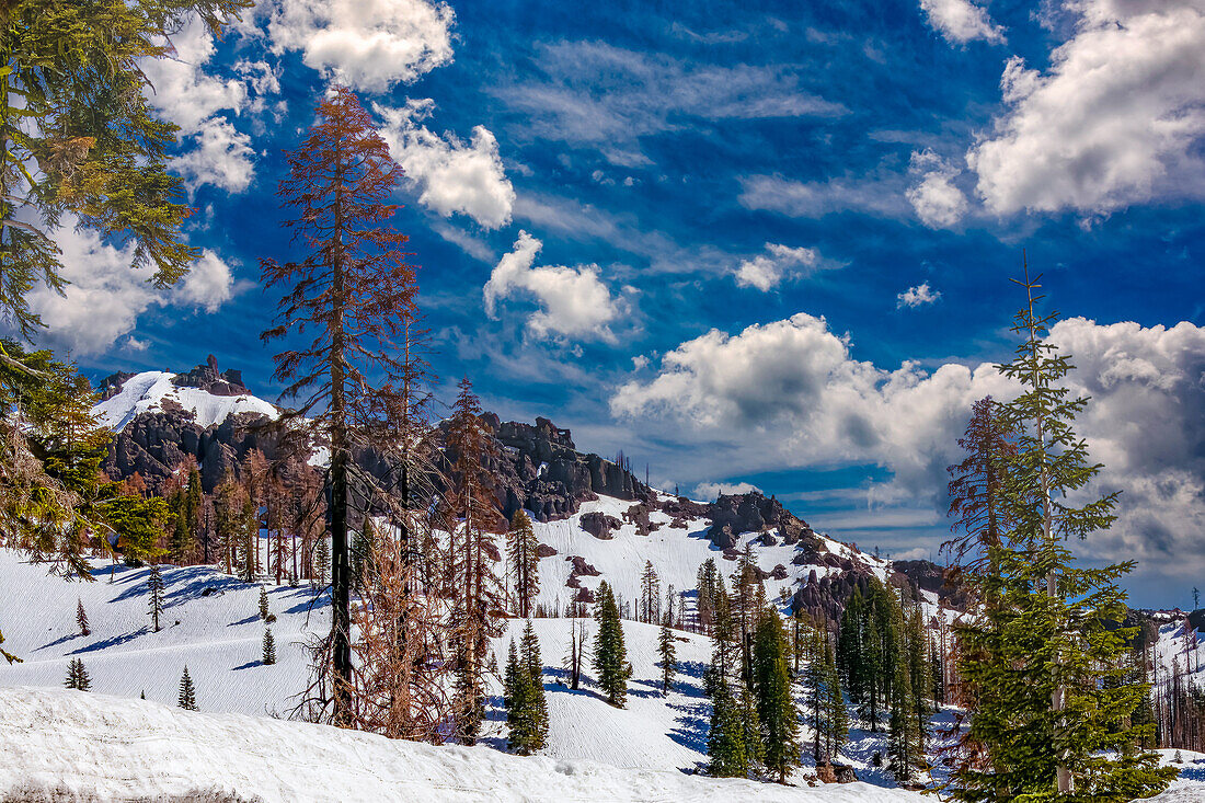 Lassen Volcanic National park in spring with massive amounts with over 18 feet of snow in some parts of the park