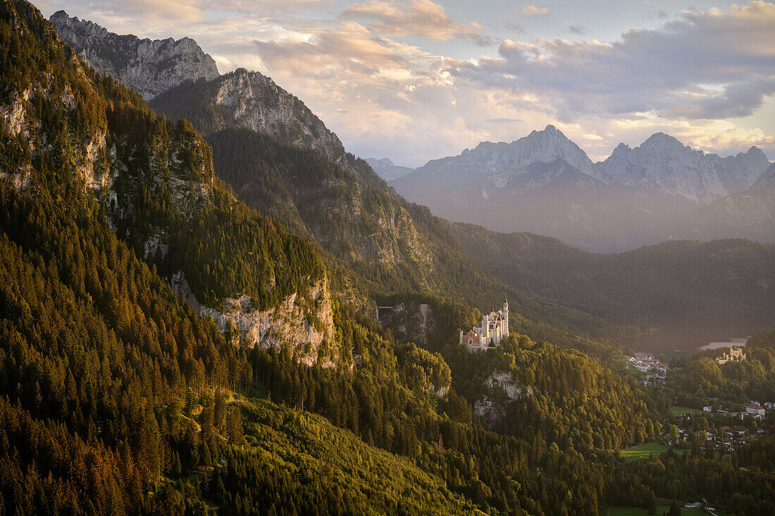 View from Hornburg to Neuschwanstein Castle with Alpsee, Hohenschwangau near Füssen, Ostallgäu, Bavaria, Germany, Alps, Europe