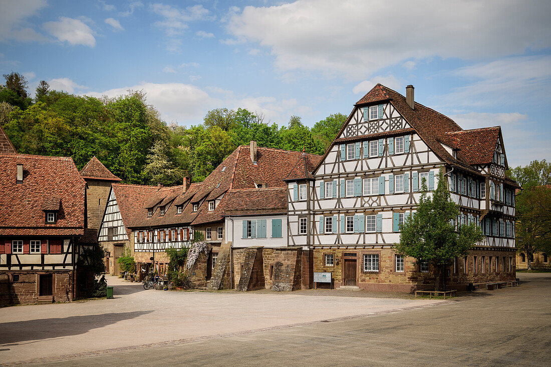 historic half-timbered houses inside the Cistercian abbey, Maulbronn Monastery, Enzkreis, Baden-Wuerttemberg, Germany, Europe, UNESCO World Heritage