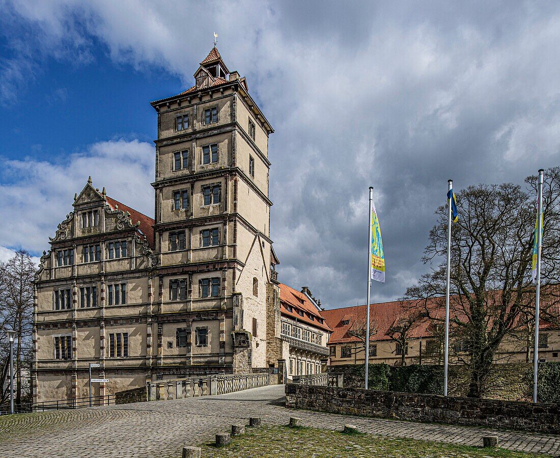 Schloss Brake, Wasserschloss der Weserrenaissance an der Bega, Lemgo, Nordrhein-Westfalen, Deutschland