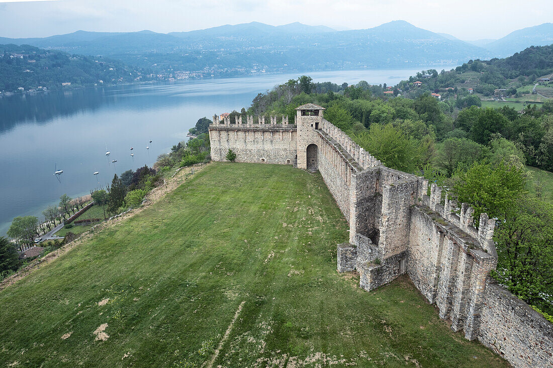 The castle walls of Rocca di Angera on Lake Maggiore, Varese Province, Lombardy, Italian Lakes, Italy, Europe