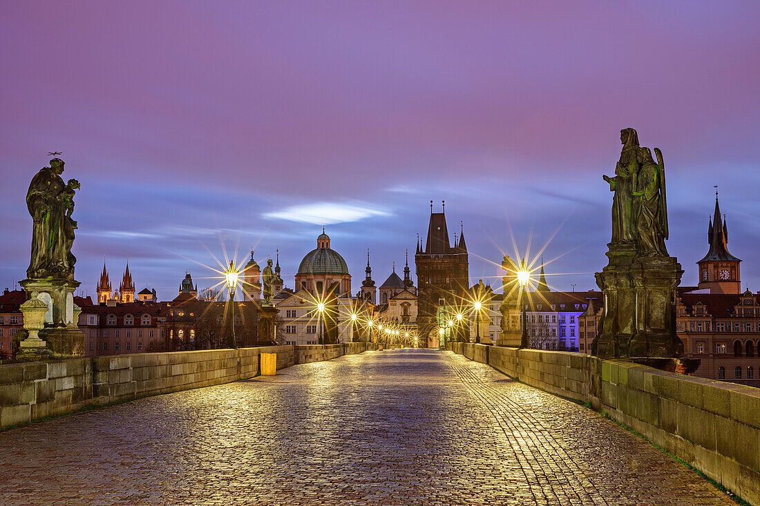 Illuminated Charles Bridge with Old Town Bridge Tower, Prague, Czech Republic