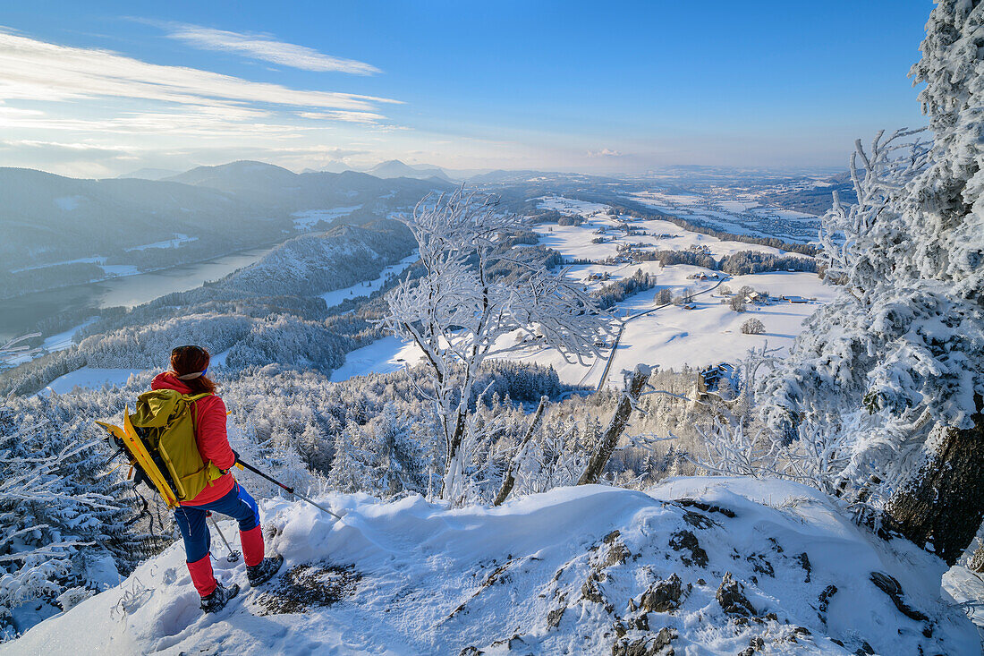 Frau beim Winterwandern blickt auf Voralpenland, Schober, Salzkammergut, Salzkammergutberge, Salzburg, Österreich