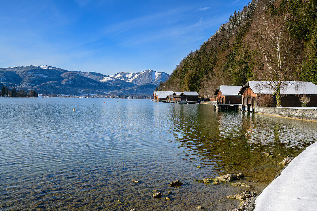 Bootshäuser am Wolfgangsee, Bürglsteig, Strobl, Wolfgangsee, Salzkammergut, Salzkammergutberge, Salzburg, Österreich