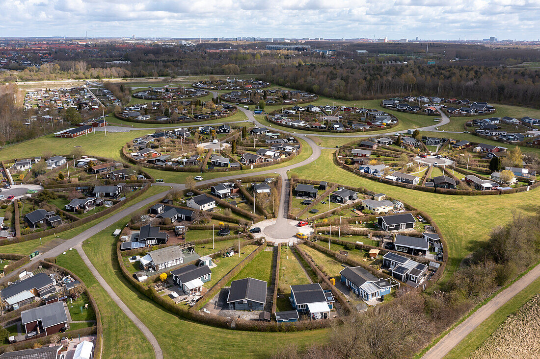 Brondby Haveby Round Gardens, laid out in the 1960s to a design by landscape architect Erik Mygind, also known as Brondby Garden City, Brondby, Copenhagen, Denmark