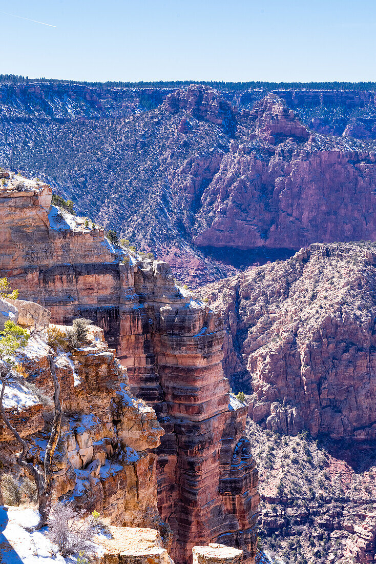 The Grand Canyon as seen from the South Rim in Arizona. The large gorge was eroded over millions of years by weather and the Colorado river that still runs through it. The reddish tint it has is due to the iron contained in the rock's minerals that oxide.