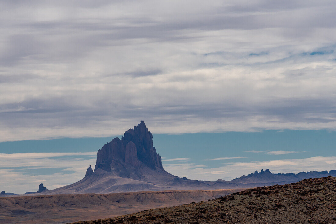 A distant view of Shiprock mountain in Navajo nation, New Mexico.