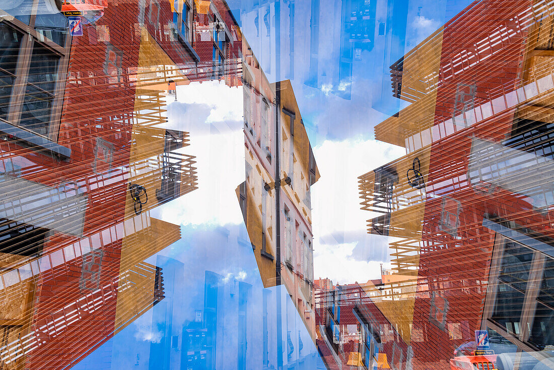 Double exposure of the modern architecture of the Krook Library building in Ghent.