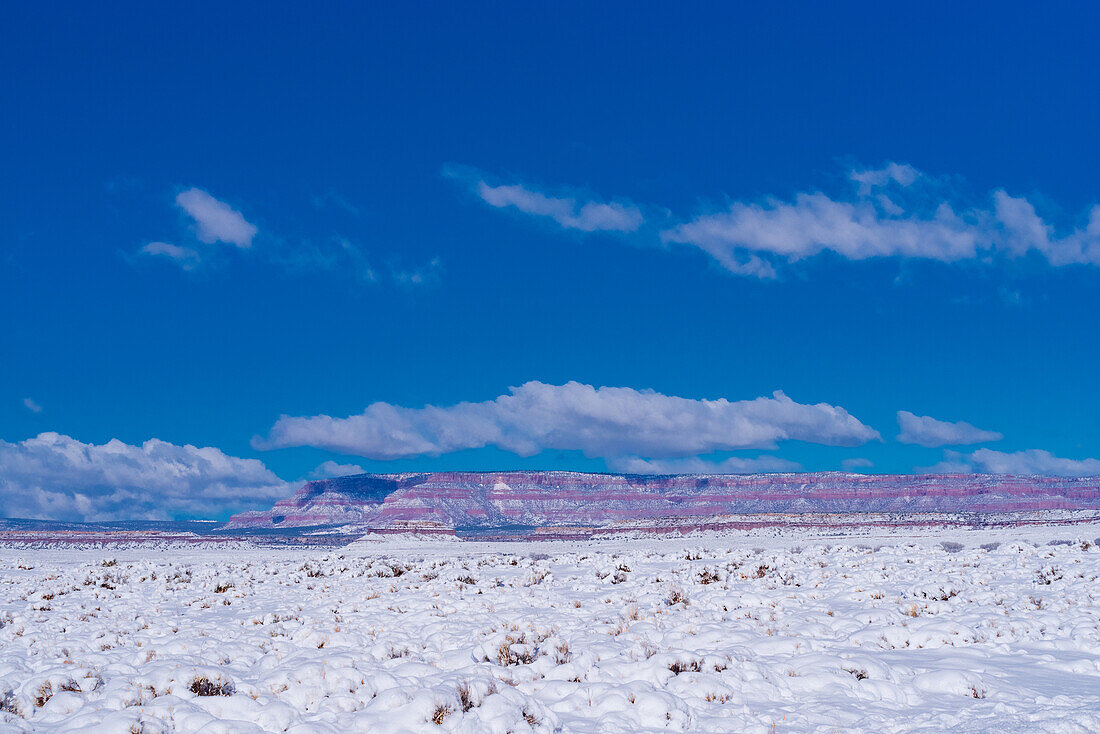 Snow covered desert landscape in Utah, USA.