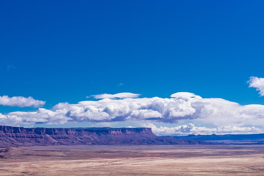 The Vermilion Cliffs National Monument seen on the horizon of the Arizona desert.