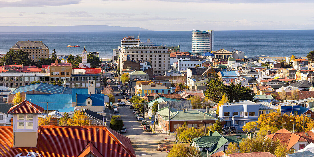The colorful houses and buildings of Punta Arenas from the Cerro de la Cruz viewpoint, Chile, Patagonia