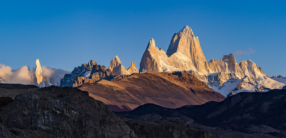 Panoramic view of Fitz Roy and Cerro Torre mountains in Los Glaciares National Park, Argentina, Patagonia, South America