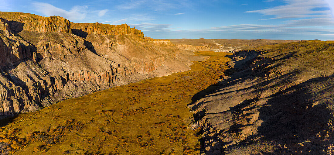 Spectacular view over the canyon at Río Pinturas in the evening light as an aerial view, Cueva de las Manos, Argentina, Patagonia