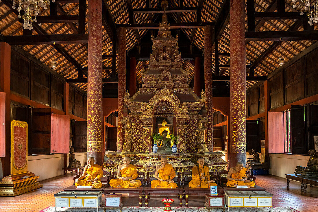 Wax figures of deceased monks in the Buddhist temple complex of Wat Phra Singh, Chiang Mai, Thailand, Asia