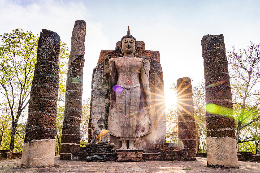 The giant standing Buddha at Wat Saphan Hin Temple, UNESCO World Heritage Sukhothai Historical Park, Thailand, Asia