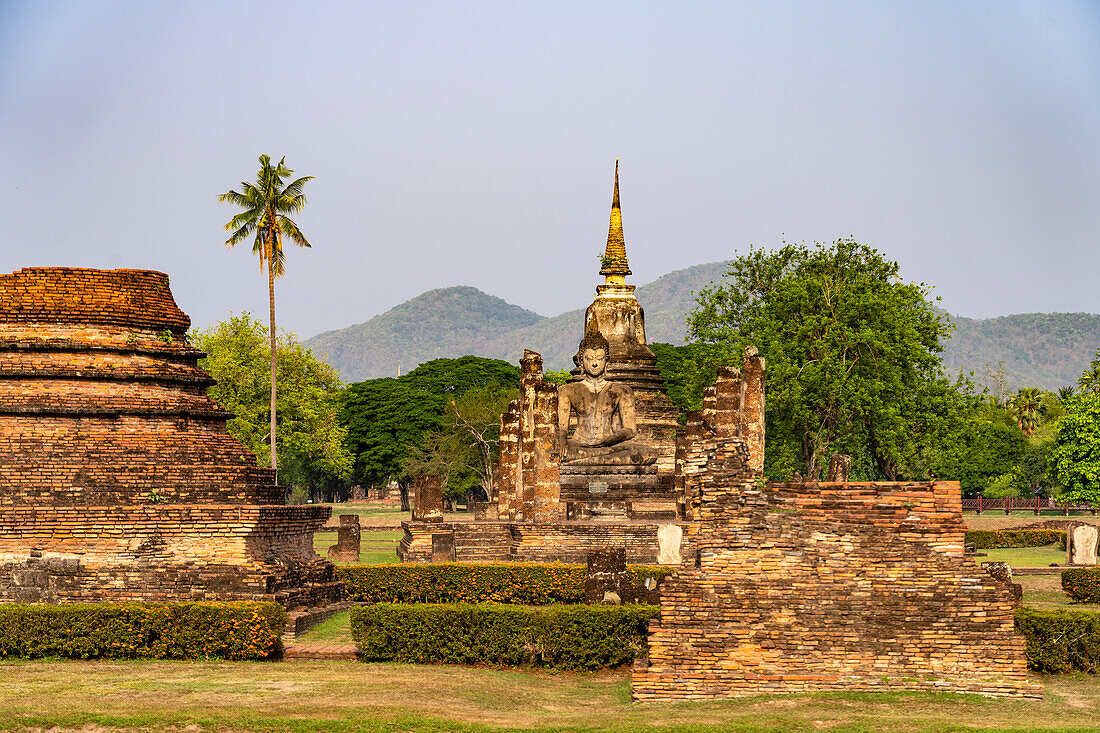 Buddha Statue im zentralen buddhistischen Tempel Wat Mahathat, UNESCO Welterbe Geschichtspark Sukhothai, Thailand, Asien