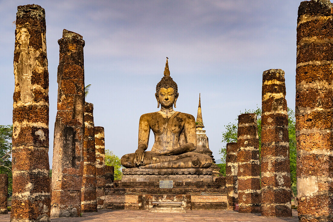 Buddha statue in central Buddhist temple Wat Mahathat, UNESCO World Heritage Sukhothai Historical Park, Thailand, Asia