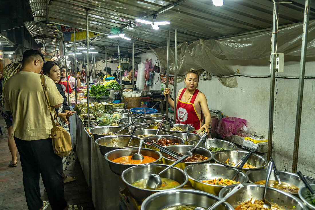 Buffet of street food at the night market in Luang Prabang, Laos, Asia