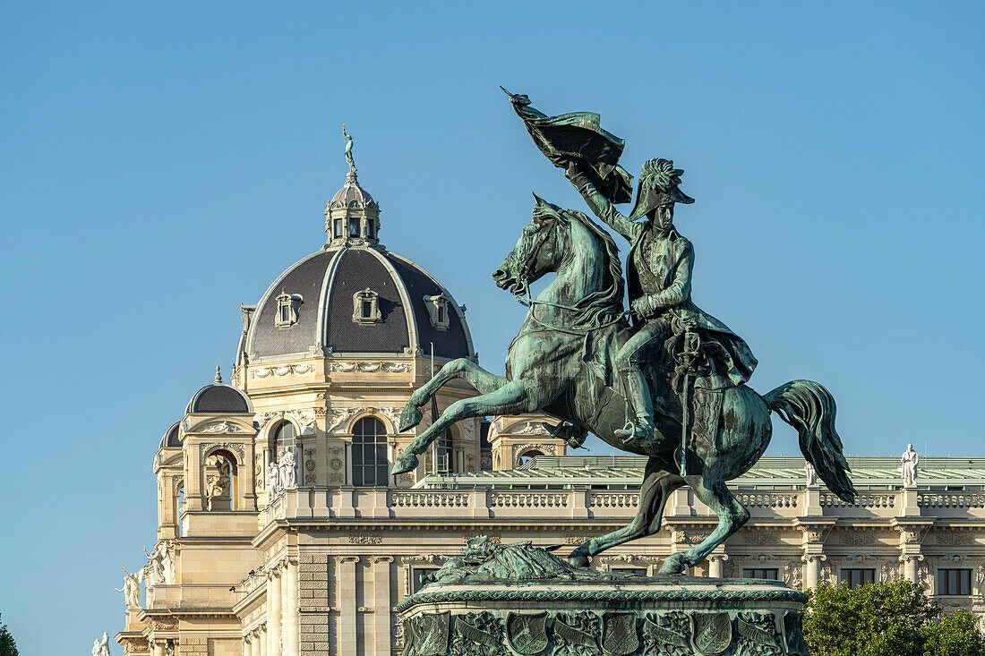 The equestrian statue of Archduke Karl on Heldenplatz and the Natural History Museum in Vienna, Austria, Europe