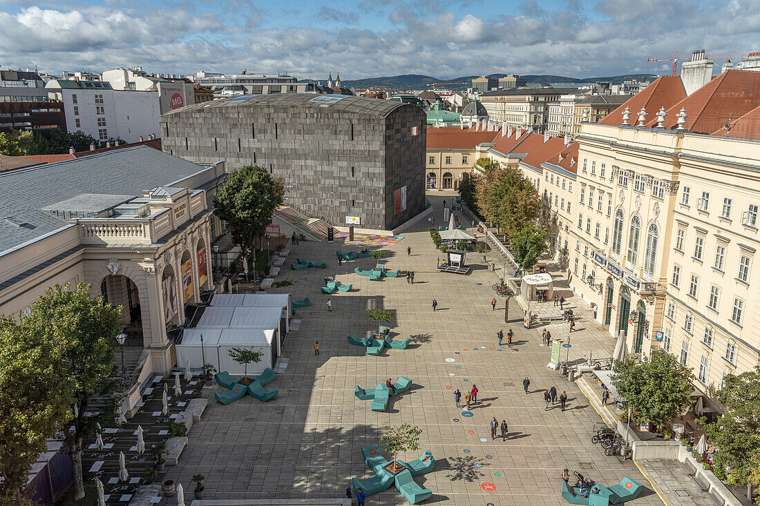 MUMOK, the Museum of Modern Art and courtyard in the MuseumsQuartier MQ in Vienna, Austria, Europe