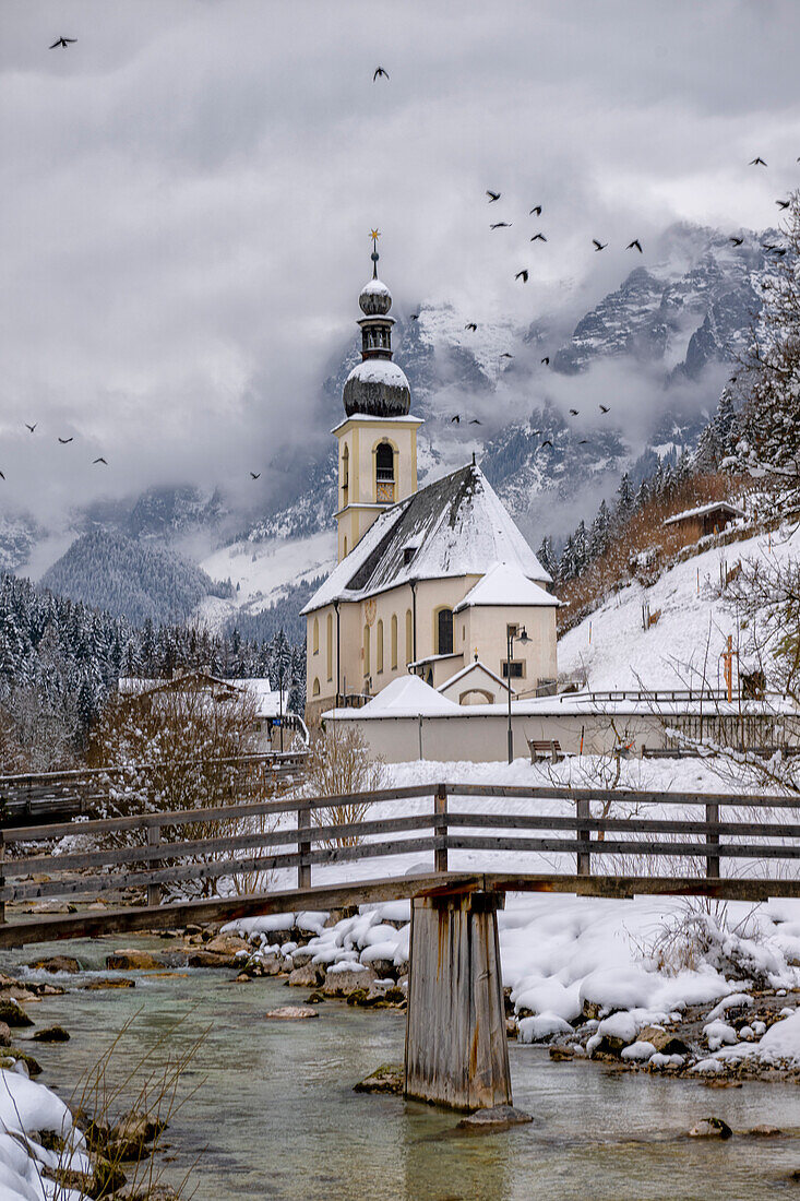 Germany, Bavaria, Berchstesgaden, Au, Ramsau, Church of St. Sebastion, Winter, Church