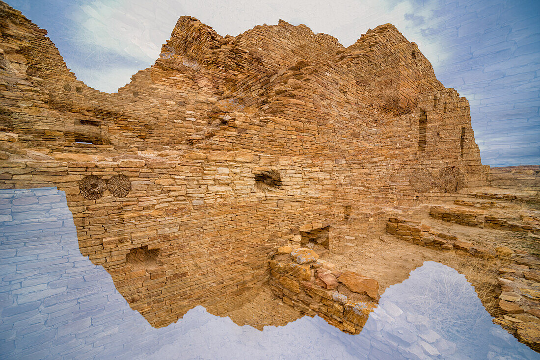 Double exposure of architectural ruins in Pueblo Bonito , the largest and best-known great house in Chaco Culture National Historical Park, northern New Mexico.
