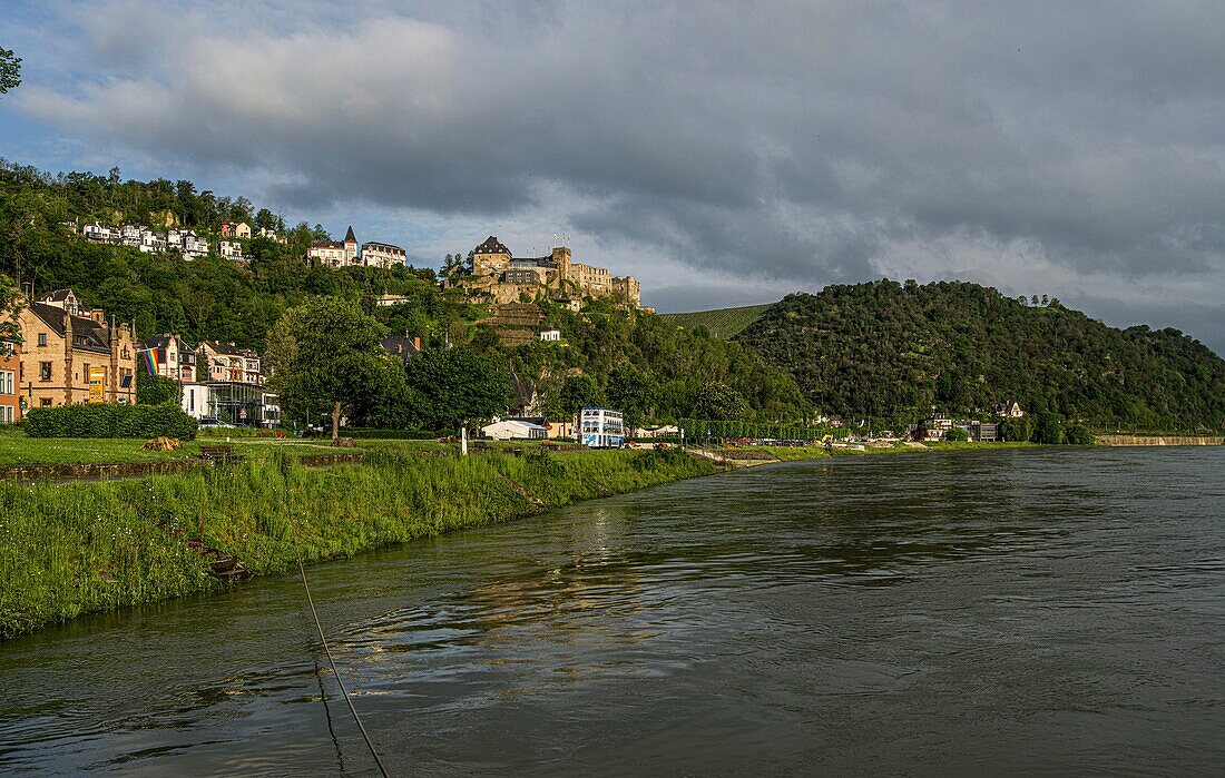 Blick über das Rheinufer zur Burg Rheinfels und zum Schlosshotel Rheinfels, St. Goar, Oberes Mittelrheintal, Rheinland-Pfalz, Deutschland