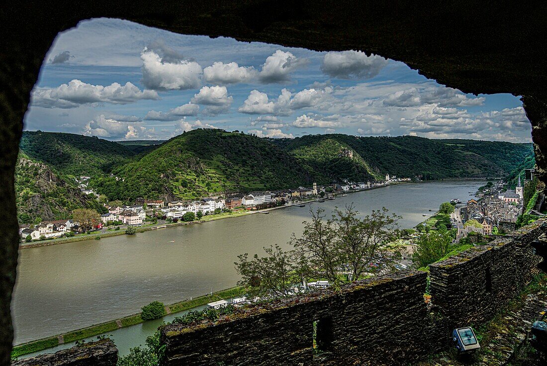 View through a window of Rheinfels Castle on St. Goarshausen and St. Goar, Upper Middle Rhine Valley, Rhineland-Palatinate, Germany