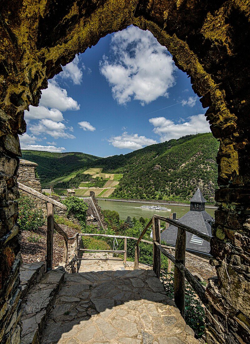 View through a portal of Reichenstein Castle into the Rhine Valley near Trechtingshausen, Upper Middle Rhine Valley, Rhineland-Palatinate, Germany