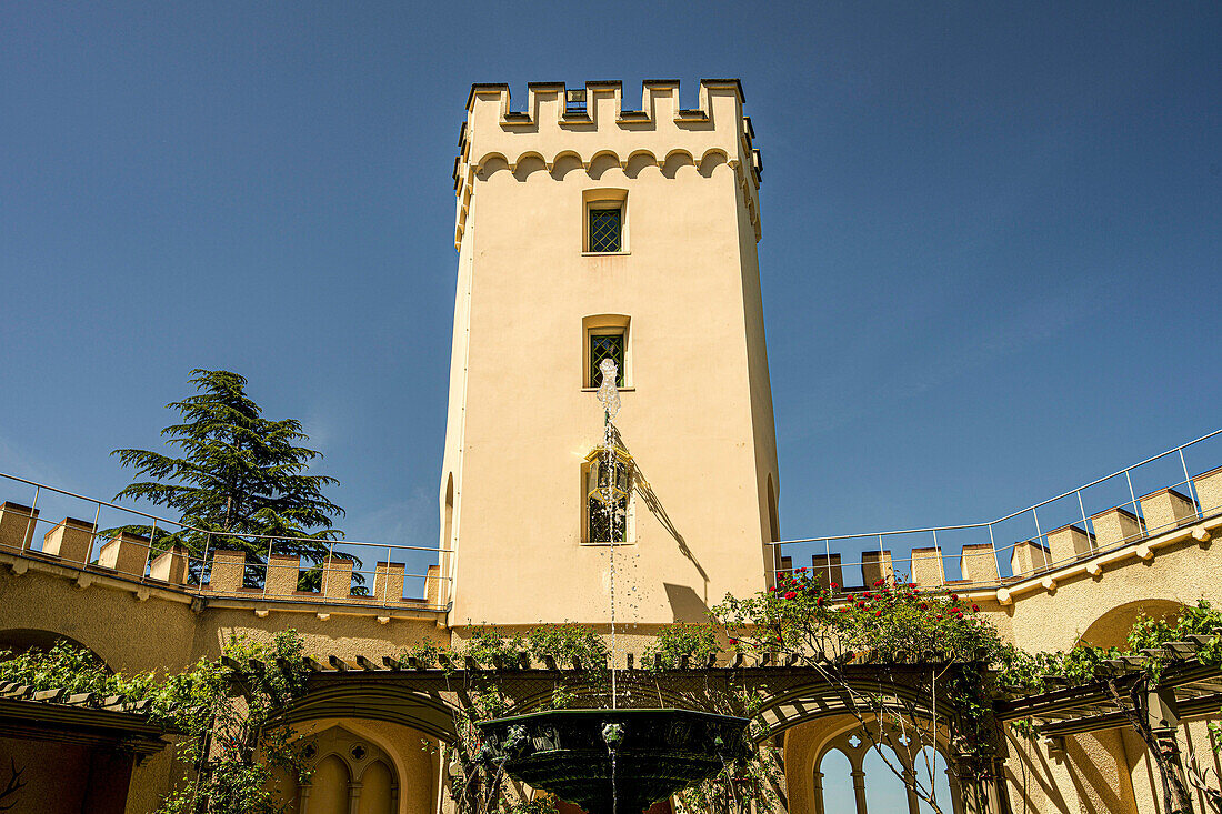 Adjutant tower in the pergola garden, Stolzenfels Castle, Koblenz, Upper Middle Rhine Valley, Rhineland-Palatinate, Germany