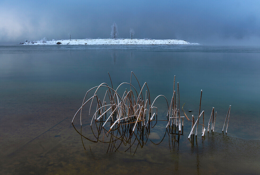 Cold winter evening on the shore of Lake Kochel, Upper Bavaria, Germany.