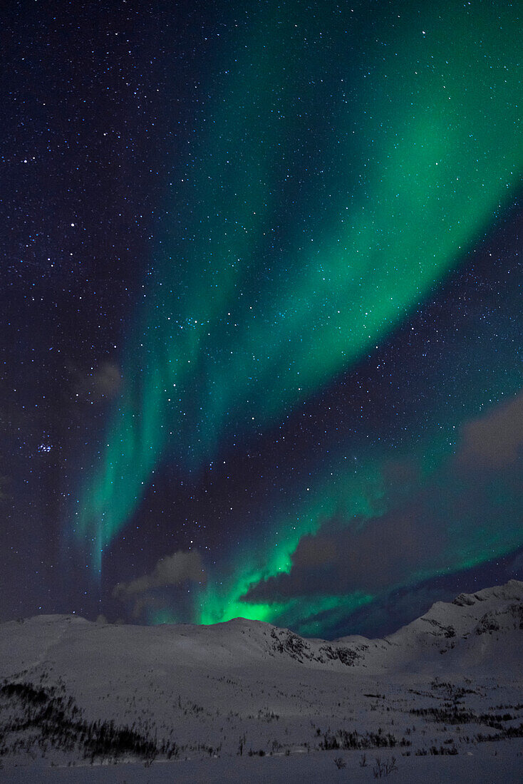 Polarlichter über den Bergen bei Tromsø, Norwegen.