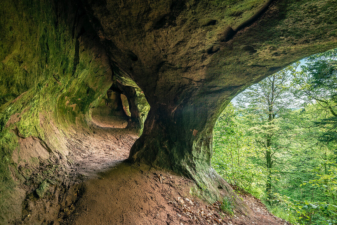 View through the Teufelskammern cave, Loffenau, Black Forest, Baden-Württemberg, Germany