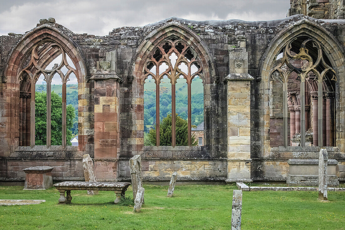 Ruins of Melrose Abbey, Melrose, Scottish Borders, Scotland, UK