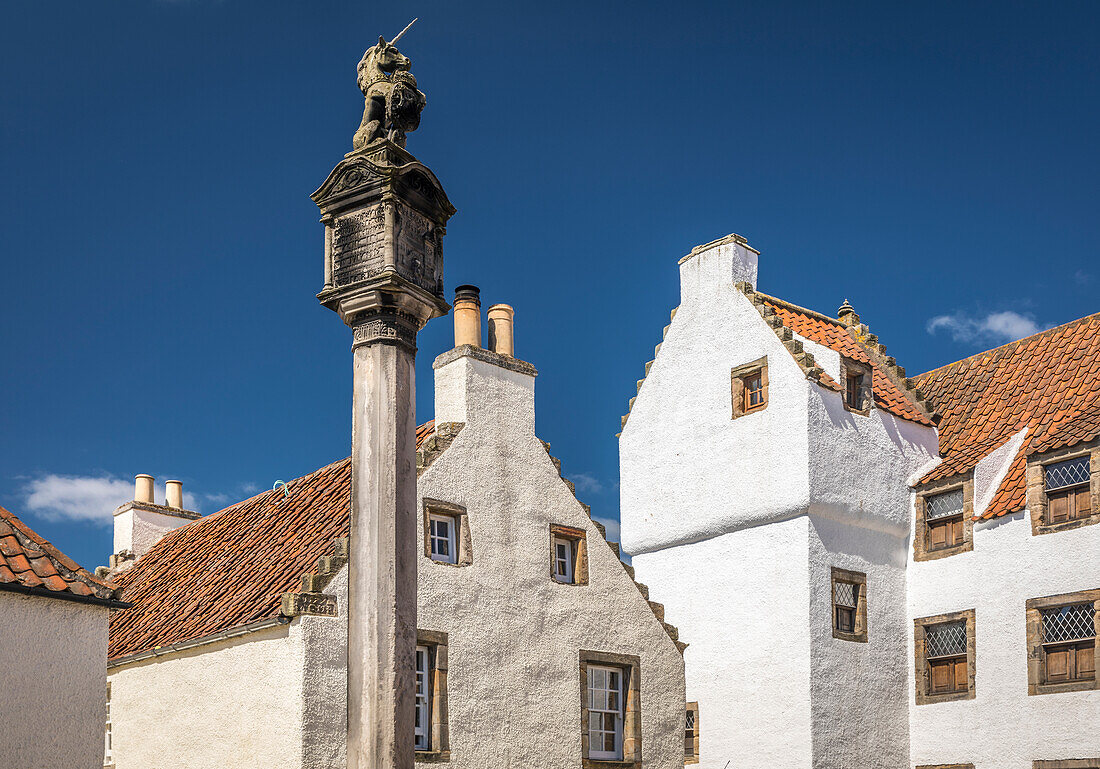 Historic market square with market cross in the village of Culross, Fife, Scotland, UK