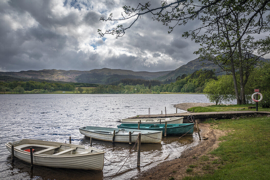 Boat jetty on the north shore of Loch Achray, Stirling, Scotland, UK