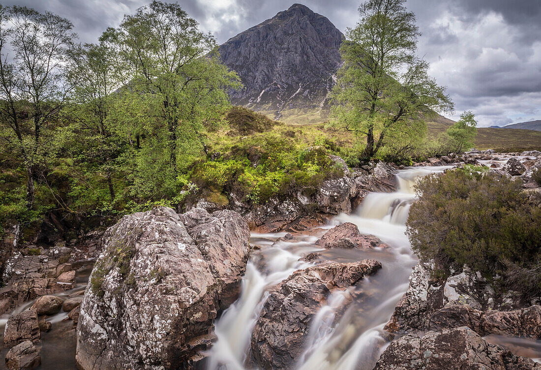 Etive Mor Waterfall with Mount Stob Deag (1,021m), Glen Etive, Highlands, Scotland, UK