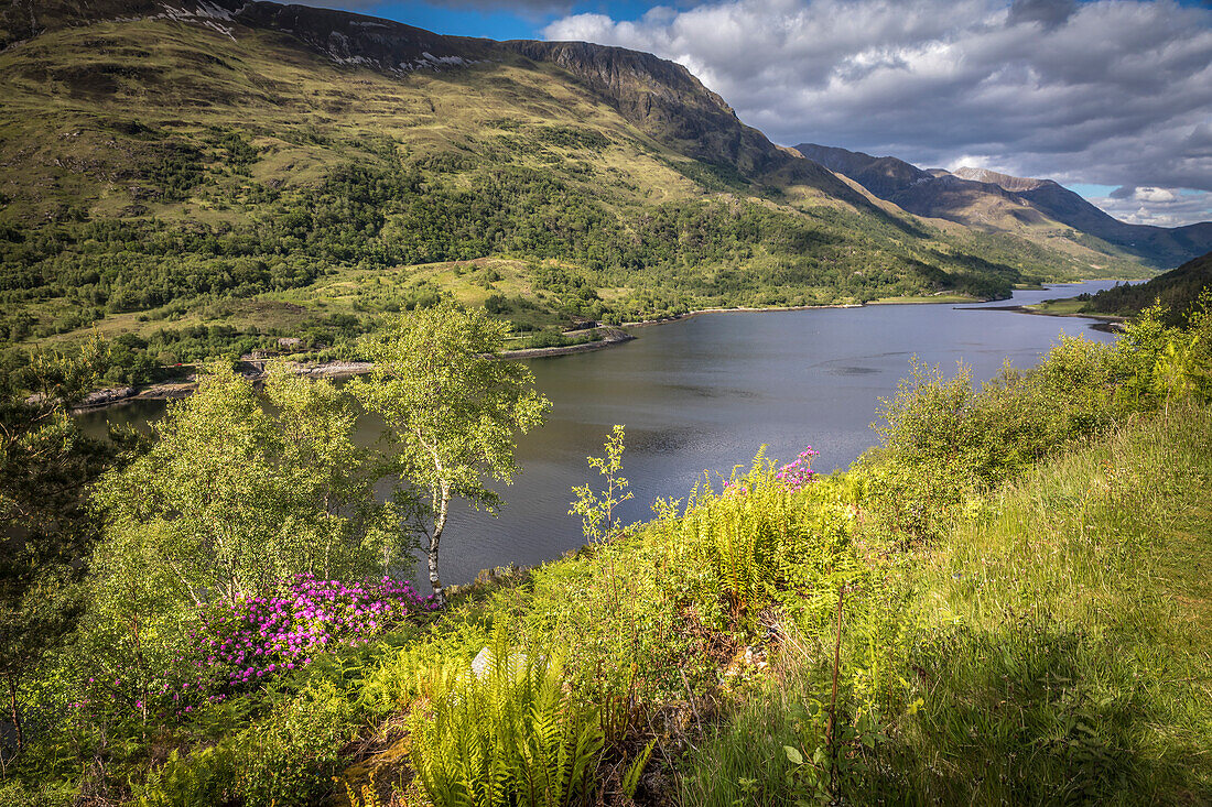 Aussichtspunkt oberhalb Loch Leven, Blick nach Osten, Kinlochleven, Highlands, Schottland, Großbritannien