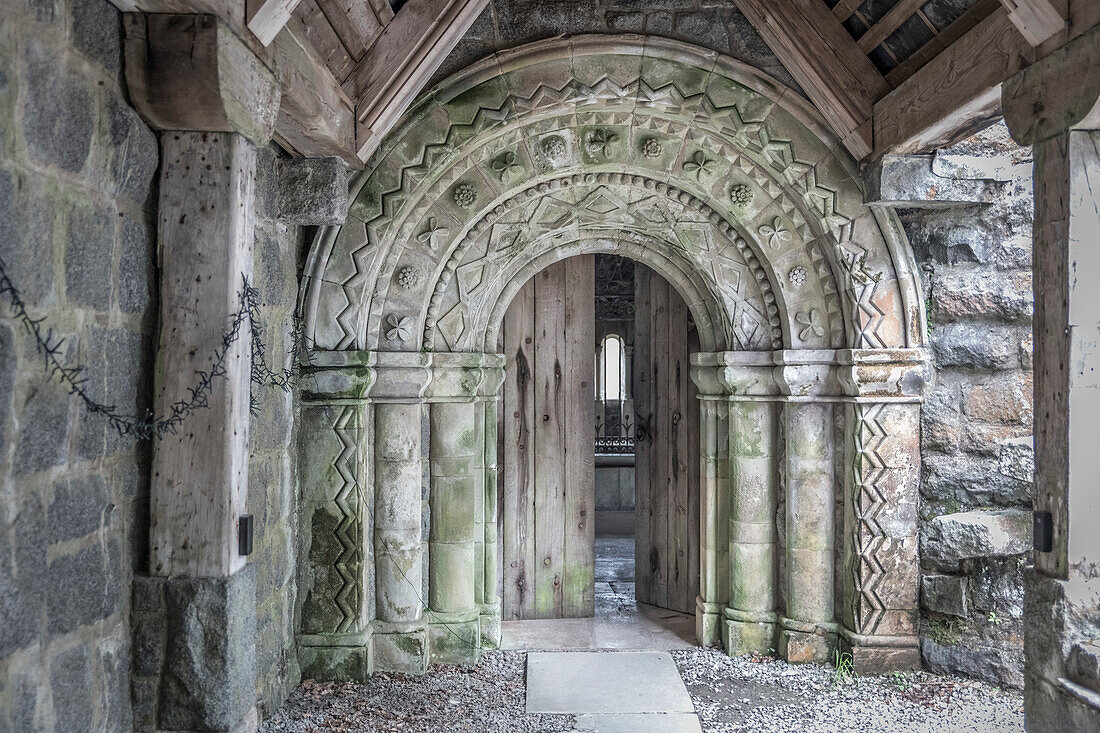 Entrance portal of St Conan`s Church on Loch Awe, Dalmally, Argyll and Bute, Scotland, UK